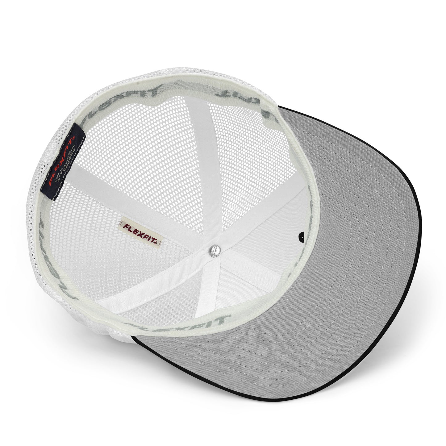 White mesh back trucker cap with solid white front panels and gray underbill, black edging on the brim, and flex fit. - Ciao Cult - Black