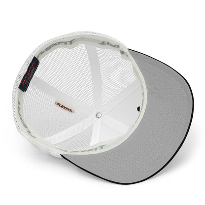 White mesh back trucker cap with solid white front panels and gray underbill, black edging on the brim, and flex fit. - Ciao Cult - Black