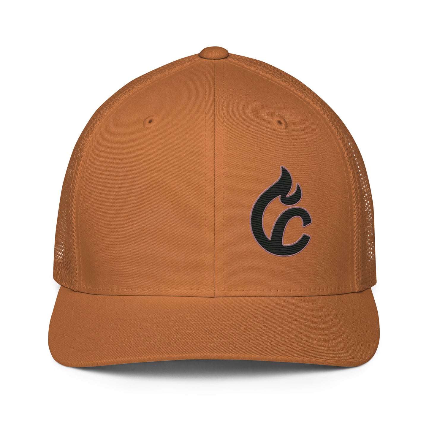 Caramel closed-back trucker cap with black embroidered flame "C" logo and mesh panels. - Ciao Cult - Black