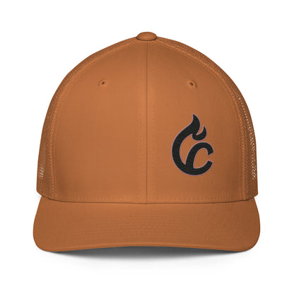 Caramel closed-back trucker cap with black embroidered flame "C" logo and mesh panels. - Ciao Cult - Black
