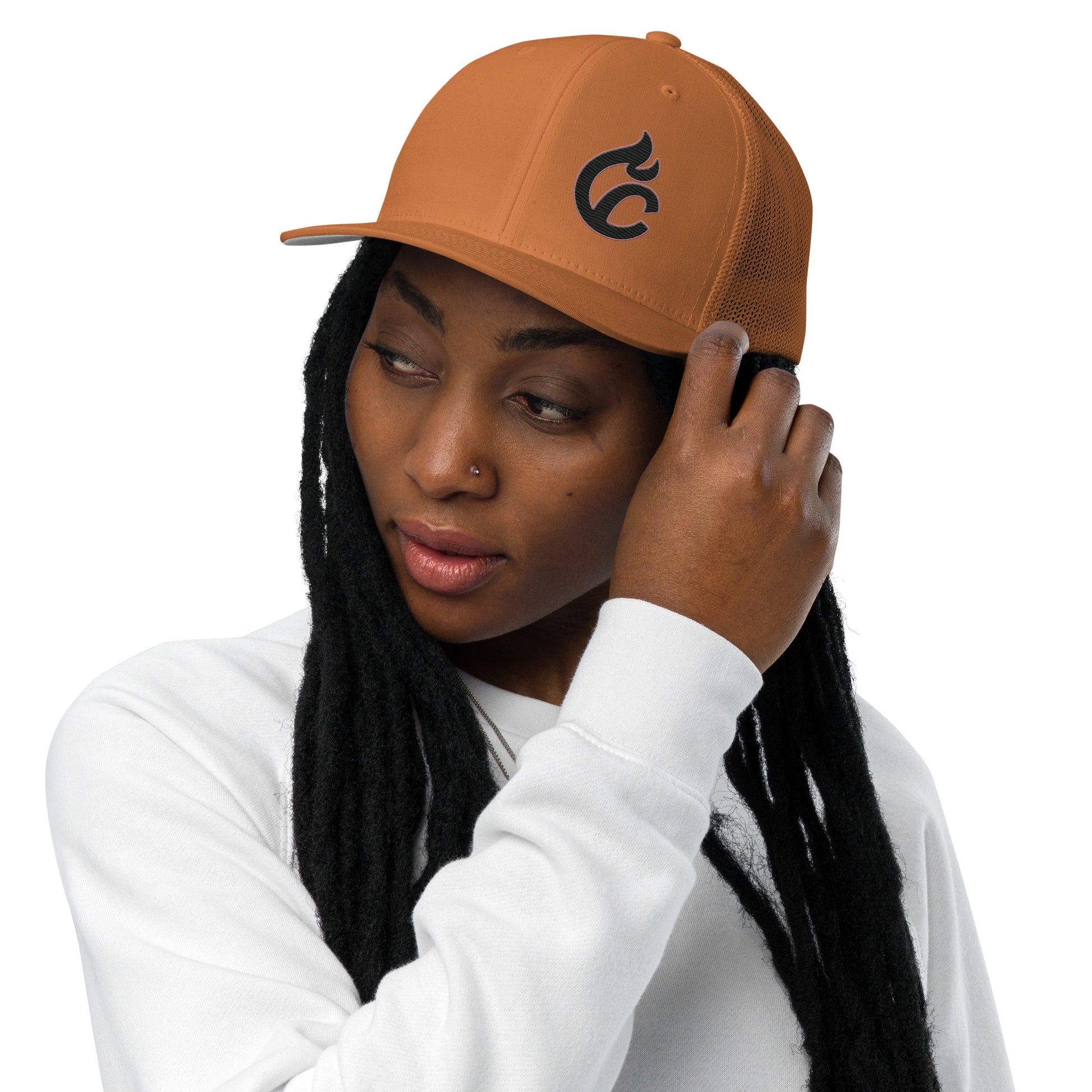 Caramel-colored closed-back trucker cap with black embroidered logo on front panel. - Ciao Cult - Black