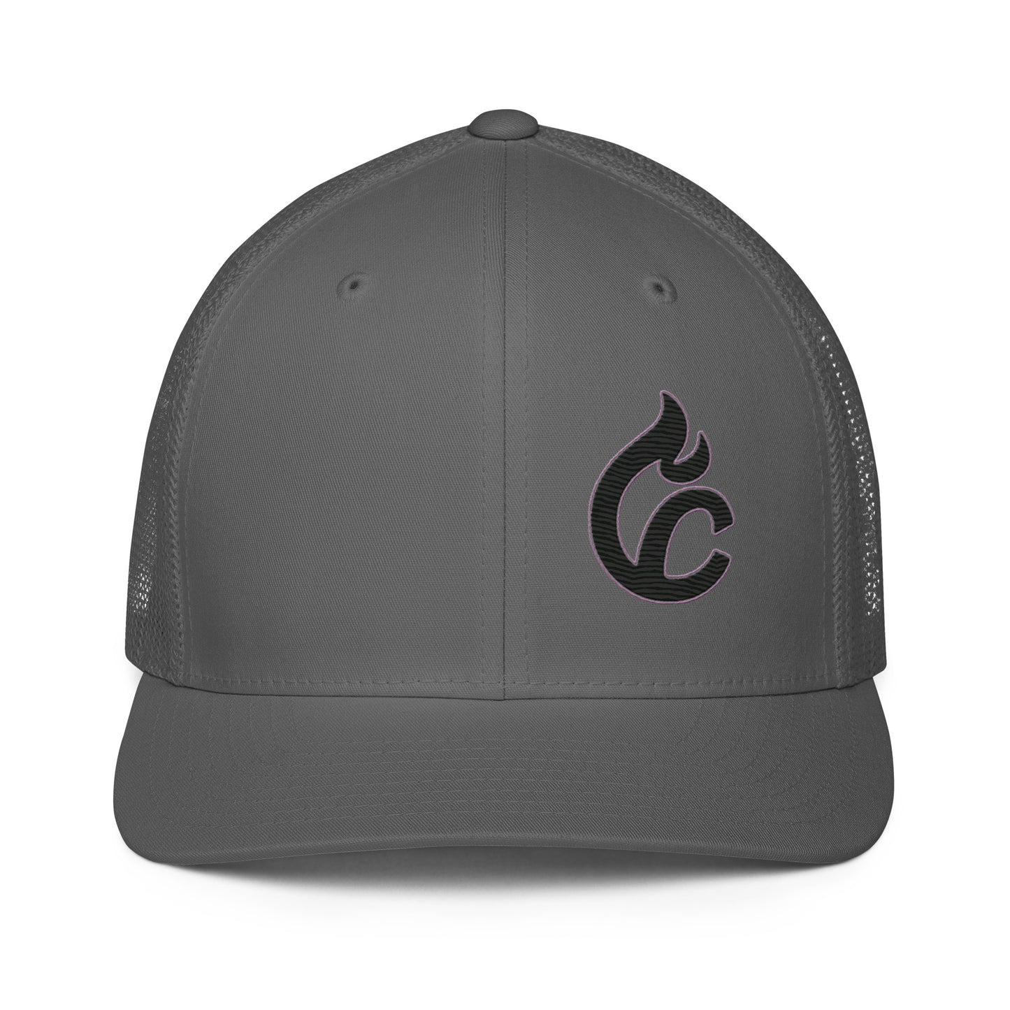 Charcoal closed-back trucker cap with black embroidered "c" logo on front panel and mesh back panels. - Ciao Cult - Black