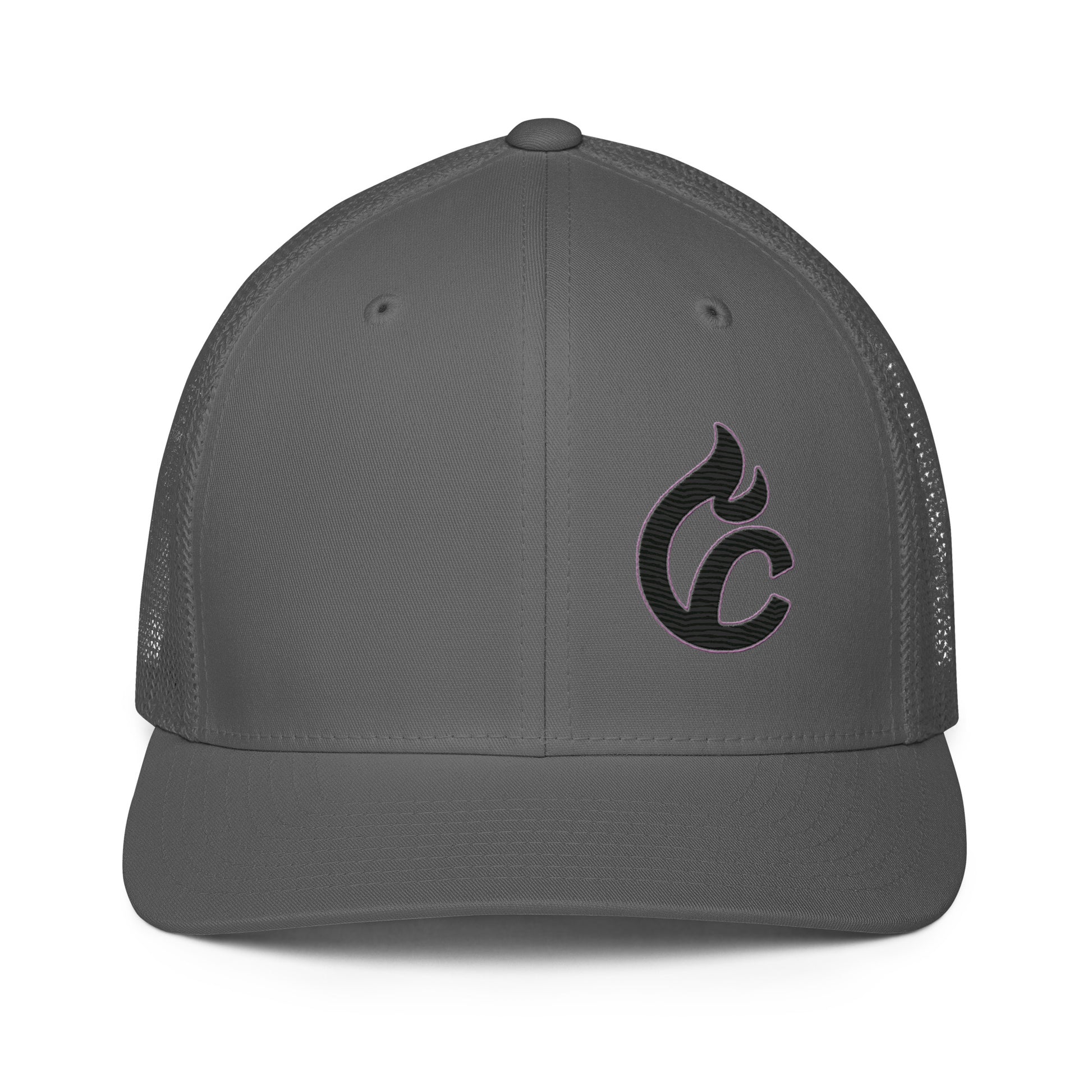 Charcoal closed-back trucker cap with black embroidered "c" logo on front panel and mesh back panels. - Ciao Cult - Black