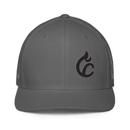 Charcoal closed-back trucker cap with black embroidered "c" logo on front panel and mesh back panels. - Ciao Cult - Black