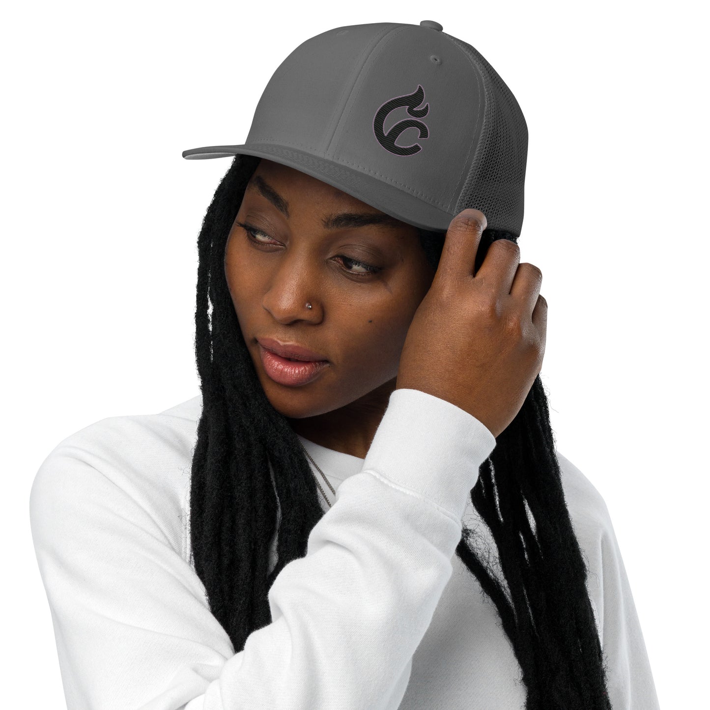 Charcoal gray closed-back trucker cap with embroidered black logo on front, worn with white long-sleeve shirt. - Ciao Cult - Black