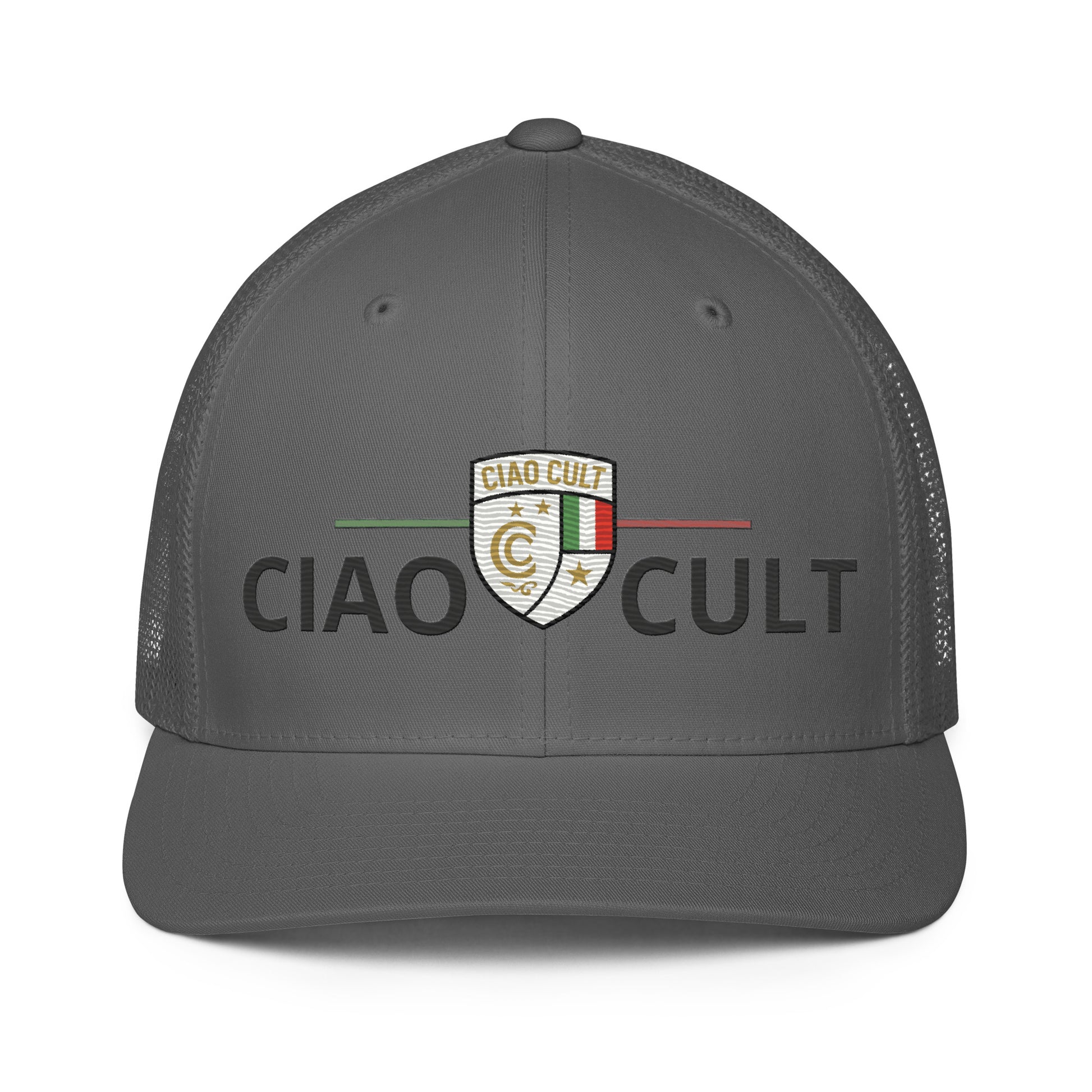 Charcoal closed-back trucker cap with mesh back and embroidered Ciao Cult crest logo. - Ciao Cult