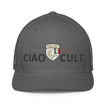 Charcoal closed-back trucker cap with mesh back and embroidered Ciao Cult crest logo. - Ciao Cult