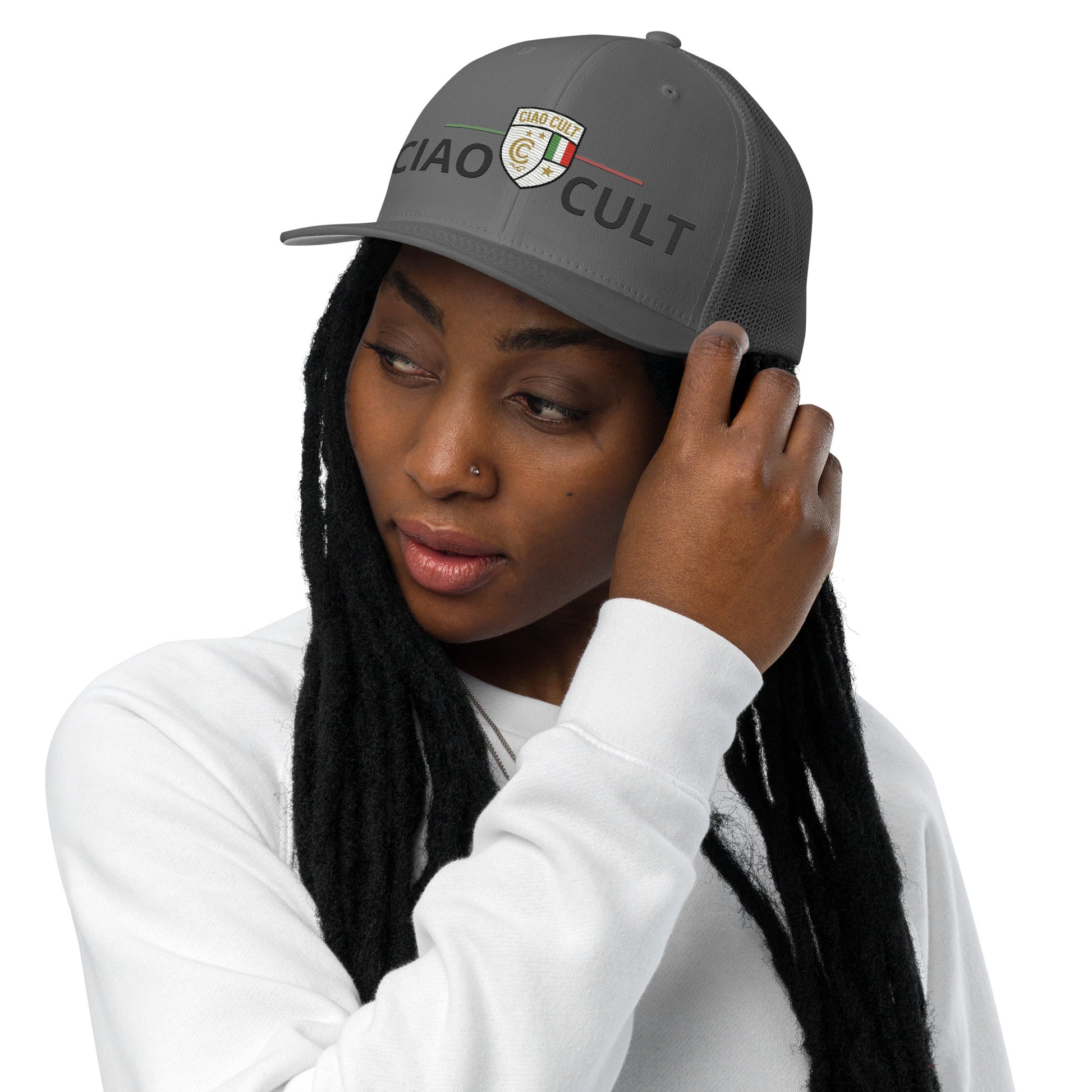 Charcoal closed-back trucker cap with embroidered Ciao Cult logo and mesh back panels. - Ciao Cult