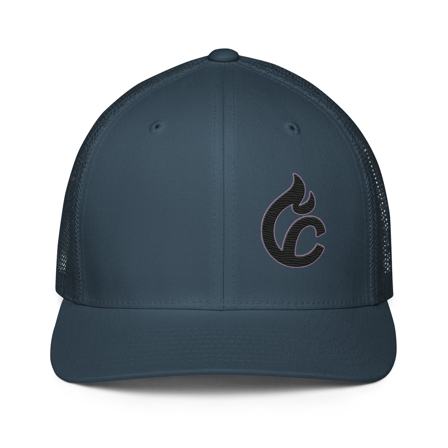 Navy blue closed-back trucker cap with black embroidered flame logo and mesh panels. - Ciao Cult - Black