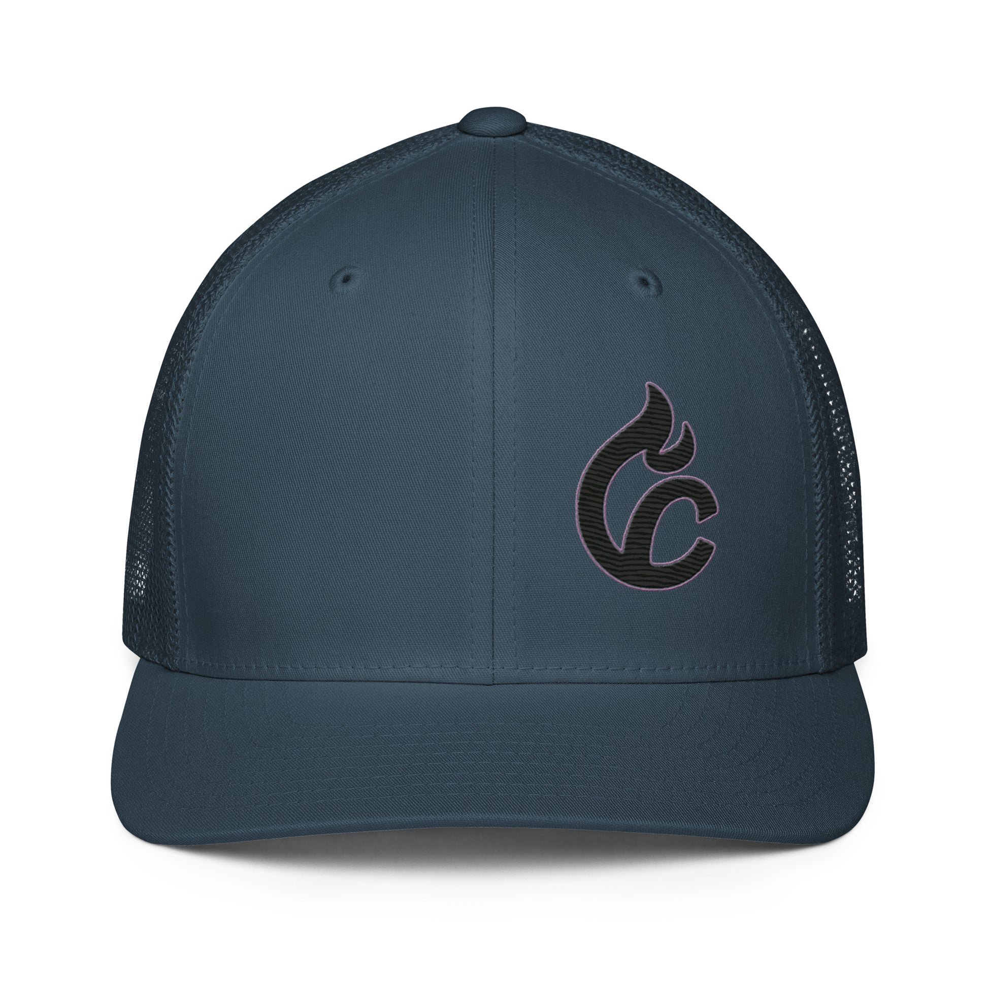 Navy blue closed-back trucker cap with black embroidered flame logo and mesh panels. - Ciao Cult - Black