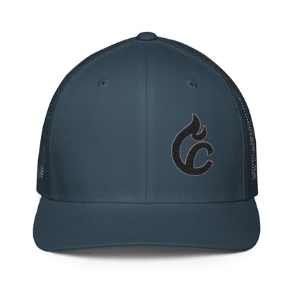 Navy blue closed-back trucker cap with black embroidered flame logo and mesh panels. - Ciao Cult - Black
