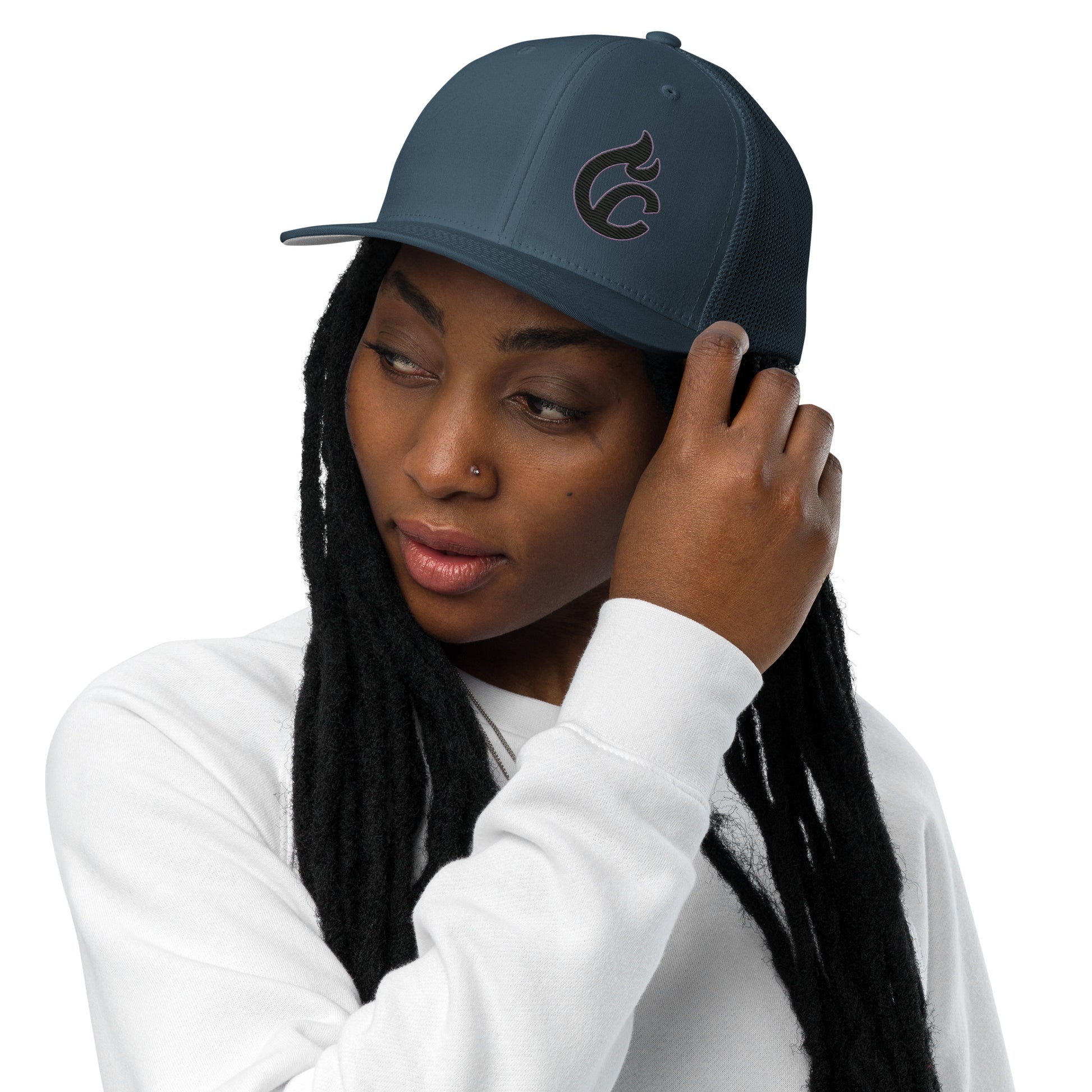 Dark navy closed-back trucker cap with embroidered logo on front worn by person in white sweatshirt. - Ciao Cult - Black