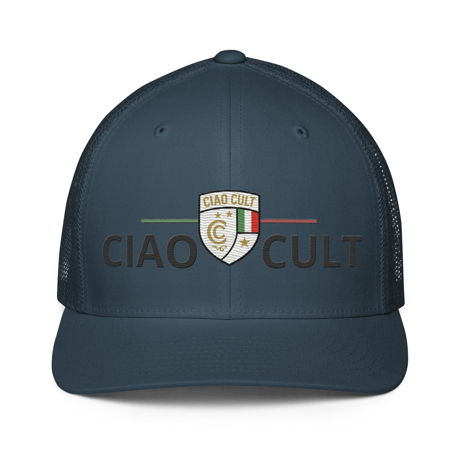 Navy closed-back trucker cap with mesh panels and embroidered Ciao Cult signature crest on front. - Ciao Cult