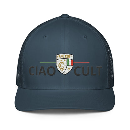 Navy closed-back trucker cap with mesh panels and embroidered Ciao Cult signature crest on front. - Ciao Cult