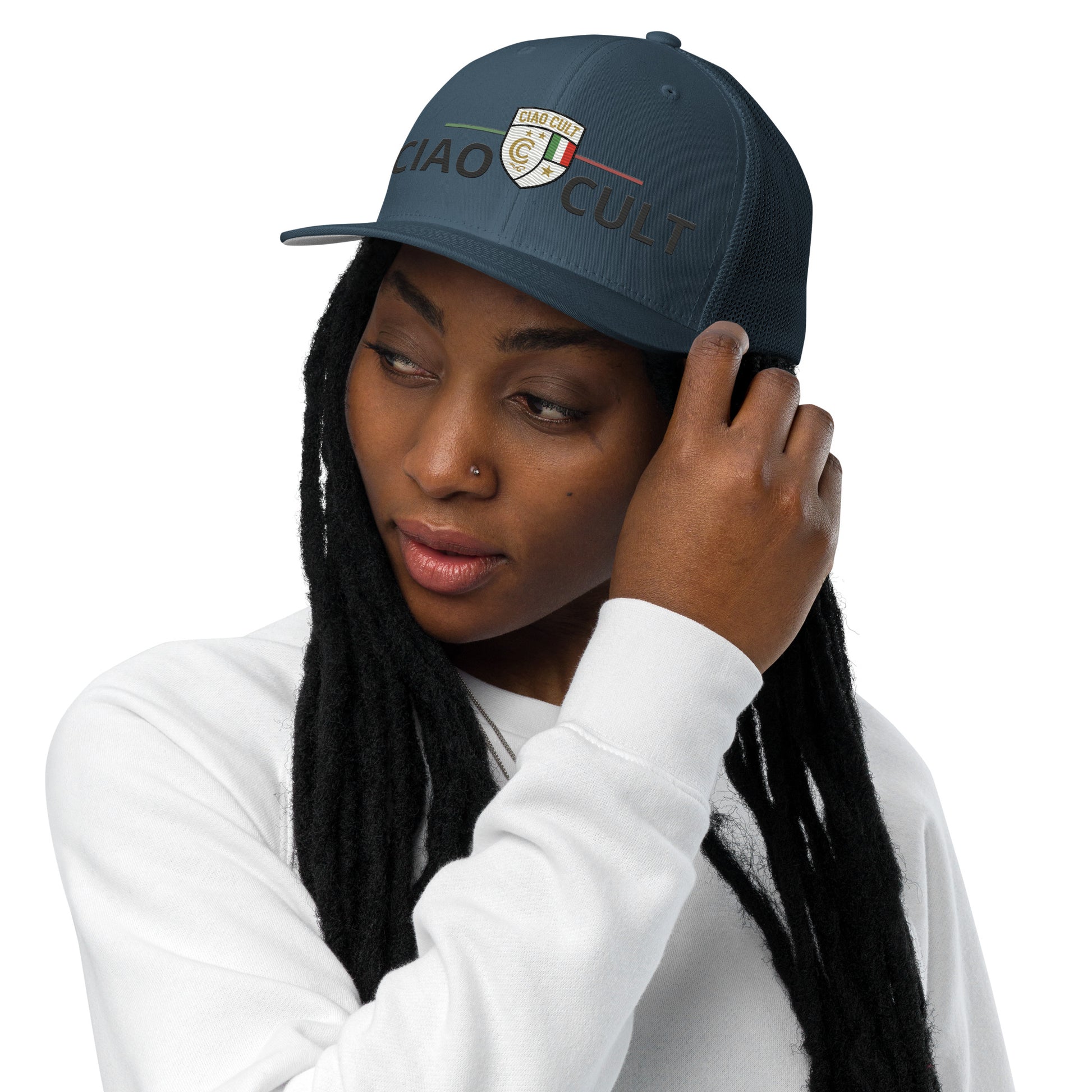 Navy closed-back trucker cap with embroidered Ciao Cult signature crest and mesh back panels. - Ciao Cult