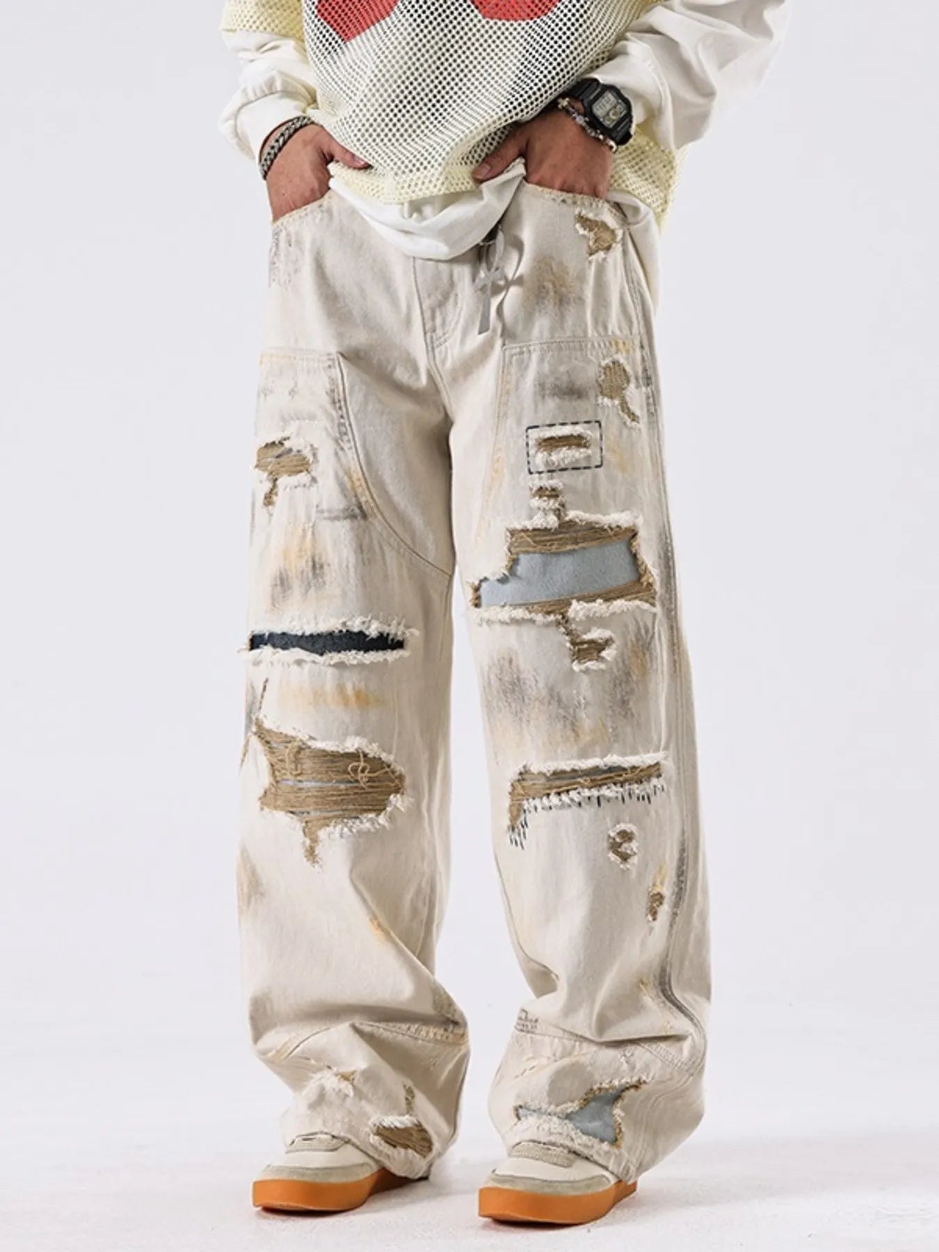 Men's Distressed Wide Leg Jeans in OFF-WHITE (Size 36)
