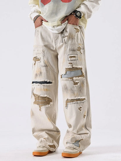 Men's Distressed Wide Leg Jeans in OFF-WHITE (Size 36)