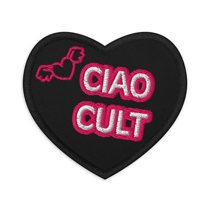 Black heart-shaped fabric patch with pink and white embroidered "CIAO CULT" text and a small flying heart design. - Ciao Cult - Black