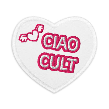 White heart-shaped patch with pink embroidered text "CIAO CULT" and two small winged hearts above the text. - Ciao Cult - Black