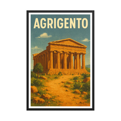 Framed vintage poster of Agrigento Temple of Concordia with golden ruins and blue sky, black frame. - Ciao Cult - Black