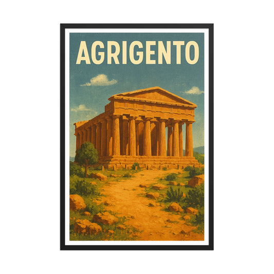 Framed vintage poster of Agrigento Temple of Concordia with golden ruins and blue sky, black frame. - Ciao Cult - Black