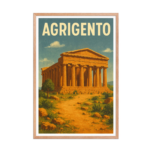 Framed vintage poster of Agrigento ancient Greek temple with golden columns and blue sky, natural wood frame. - Ciao Cult - Black