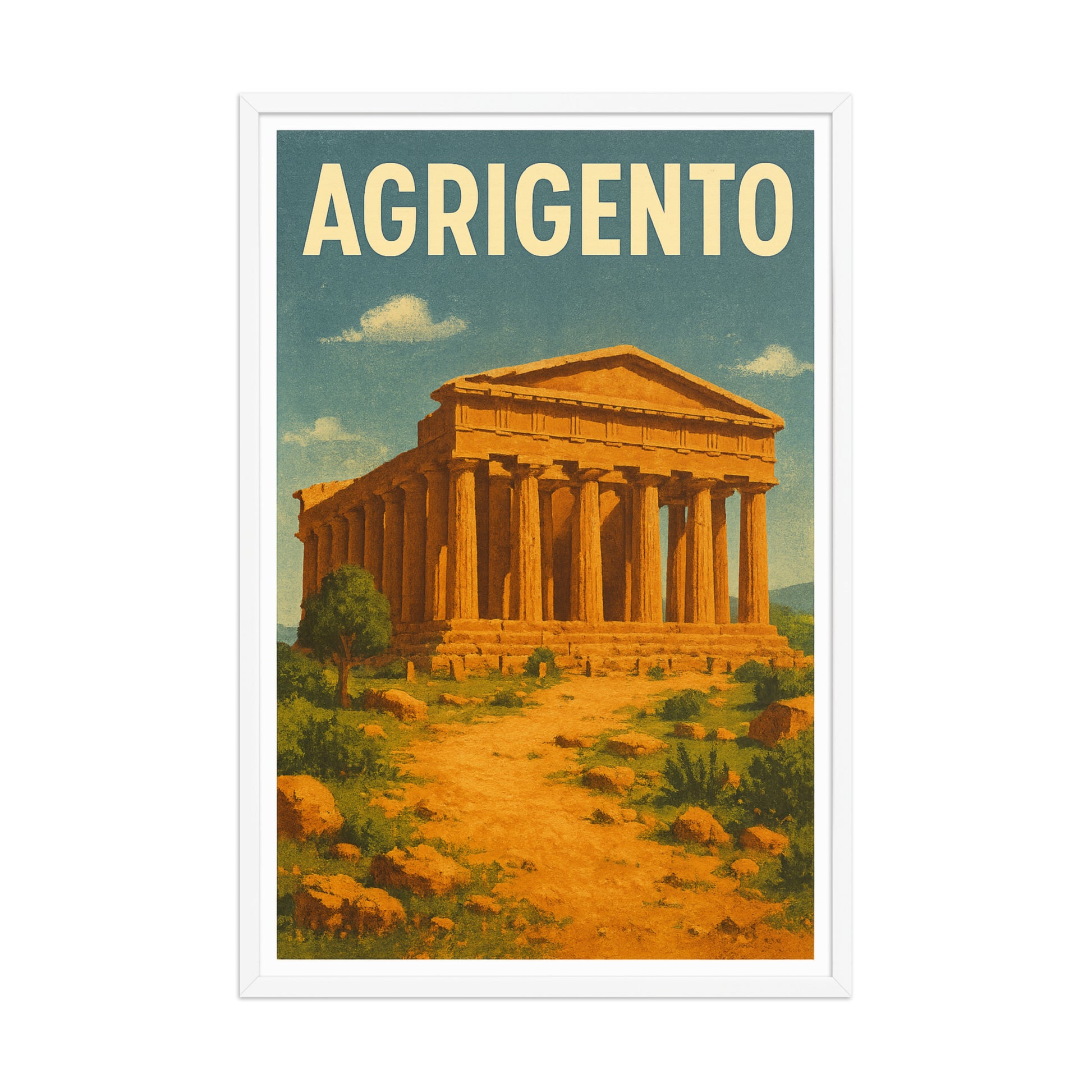 Agrigento vintage poster with Temple of Concordia ruins in orange tones, white wood frame, 24x36 inches. - Ciao Cult - Black