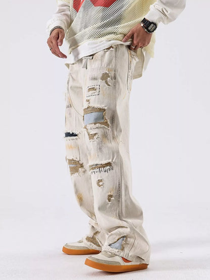 Men's Distressed Wide Leg Jeans in OFF-WHITE (Size 32)