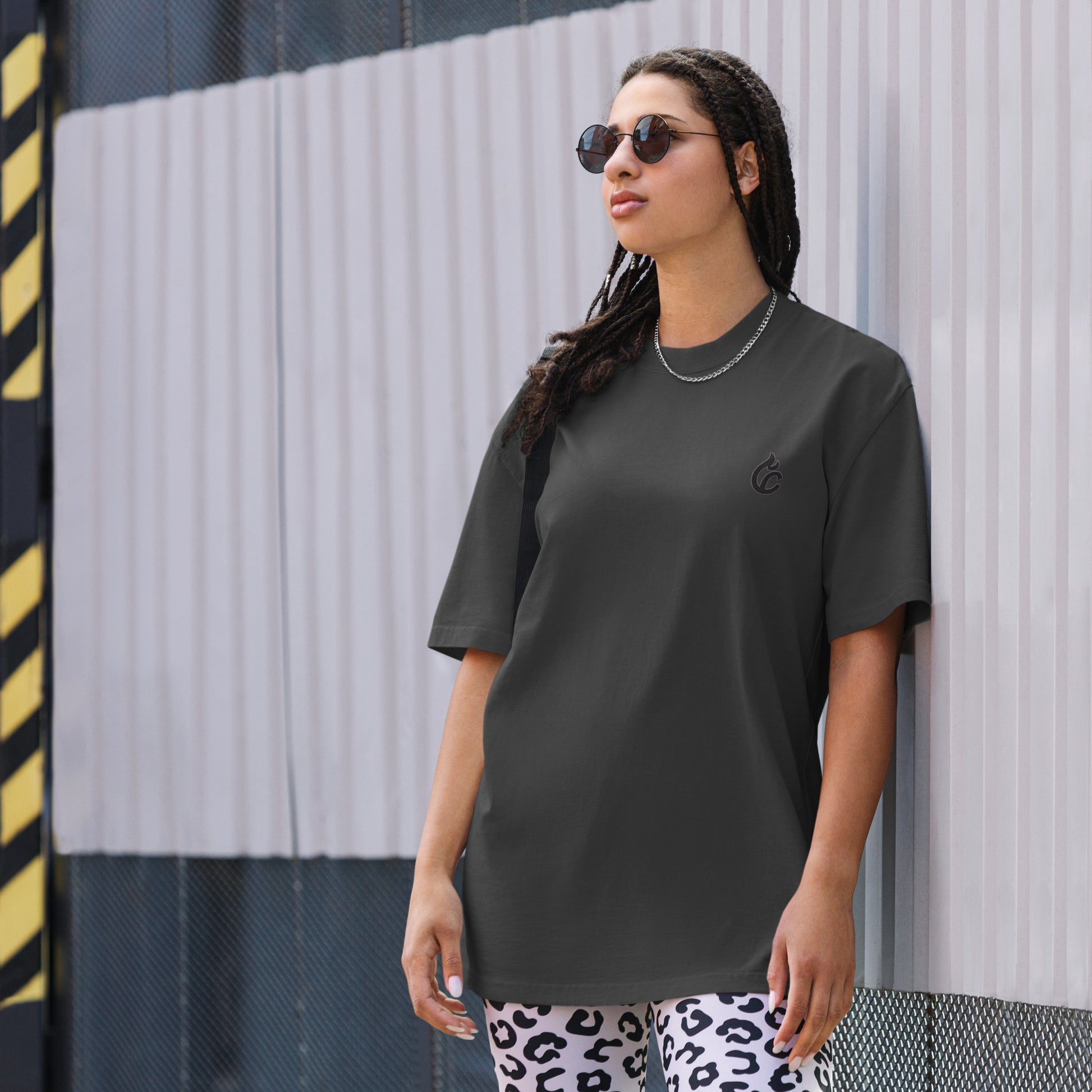 Oversized faded black heavyweight tee with drop shoulders and subtle embroidered logo on chest. - Ciao Cult - Faded Black / S