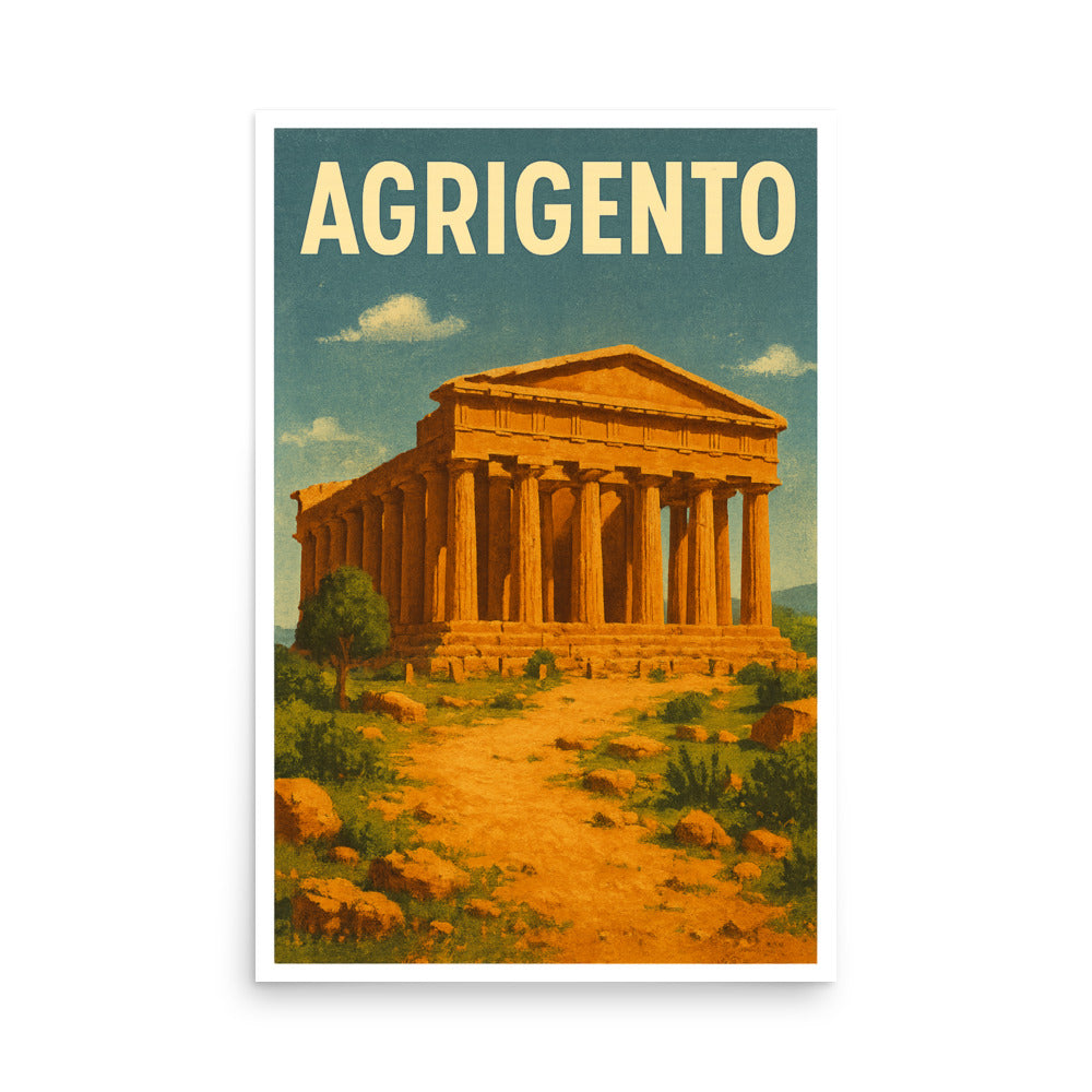 Vintage travel poster of Agrigento with ancient Greek temple and warm earth tones. - Ciao Cult - Default Title