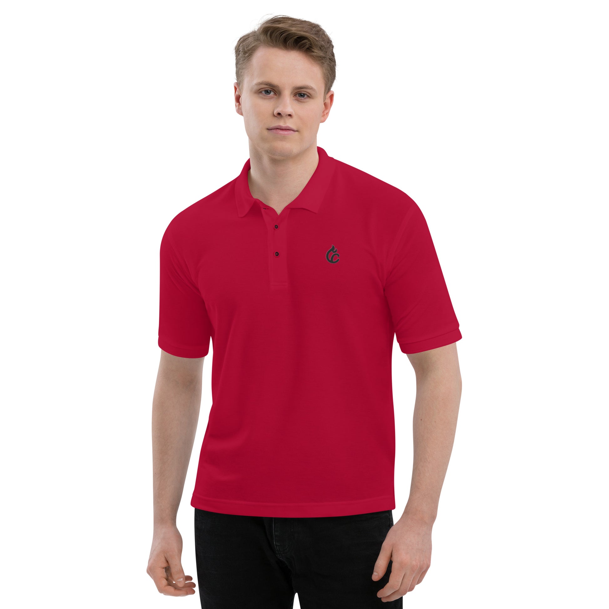 Men’s red polo shirt with black embroidered logo, classic collar, and short sleeves. - Ciao Cult - Black / S