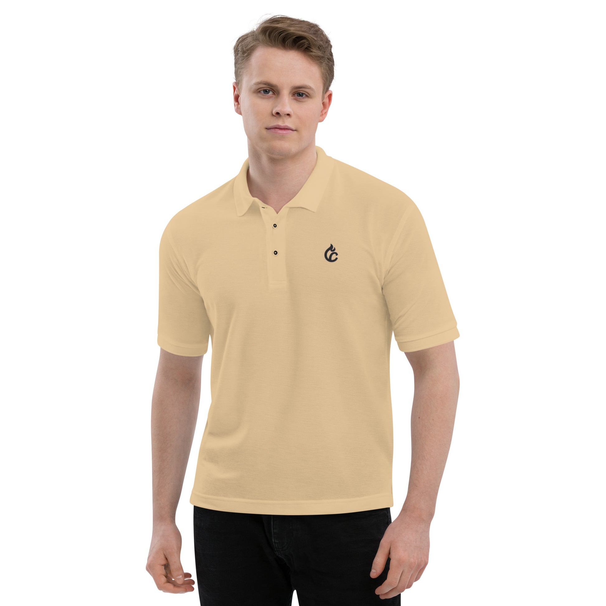 Men’s beige pique polo shirt with black embroidered logo on chest and ribbed collar. - Ciao Cult - Black / S