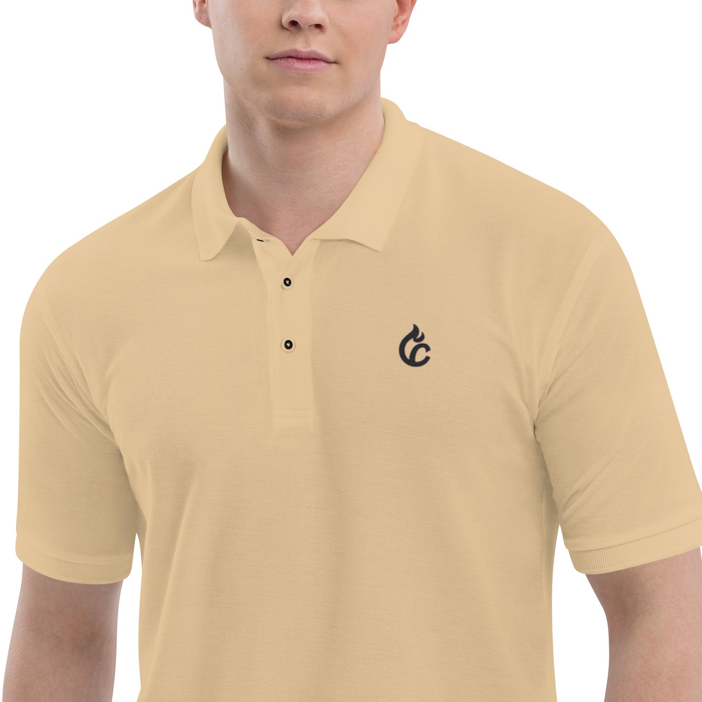 Men’s stone beige polo shirt with black embroidered Ciao Cult logo, short sleeves, and three-button placket. - Ciao Cult - Black / S