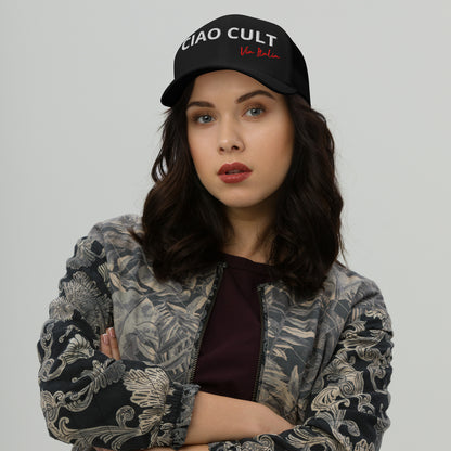 Black trucker cap with white "CIAO CULT" and red "Via Italia" embroidery, mesh back panel. - Ciao Cult - Default Title