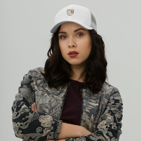 White trucker cap with embroidered colorful crest logo and mesh back on female model. - Ciao Cult - Default Title