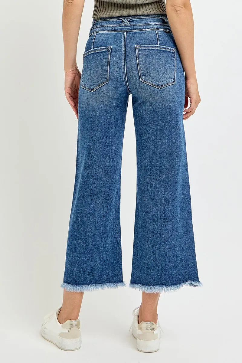 Back view of RISEN High Rise Crop Wide Leg Jeans – wide waistband and raw hem detail