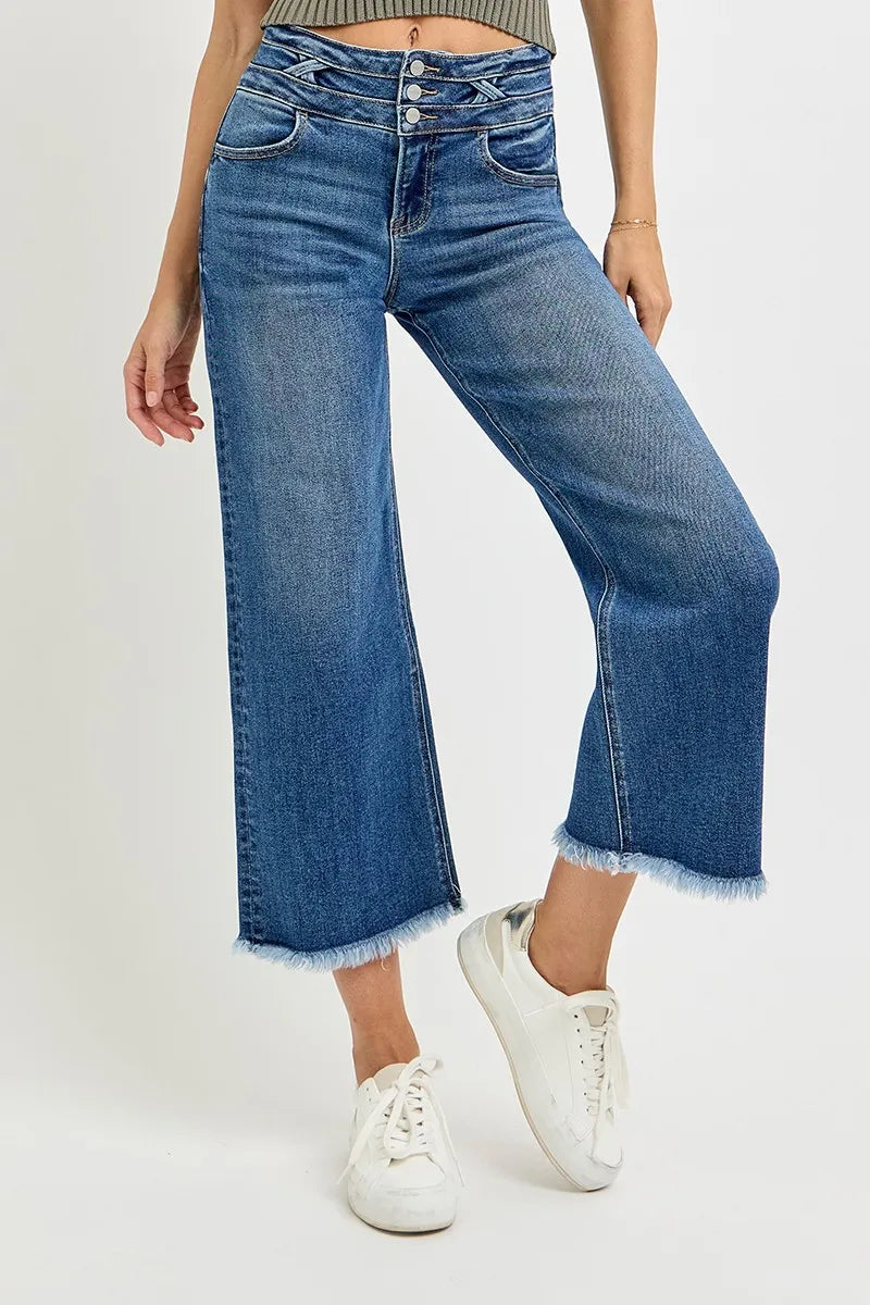 RISEN High Rise Crop Wide Leg Jeans – model front view with left leg pose and wide band detail