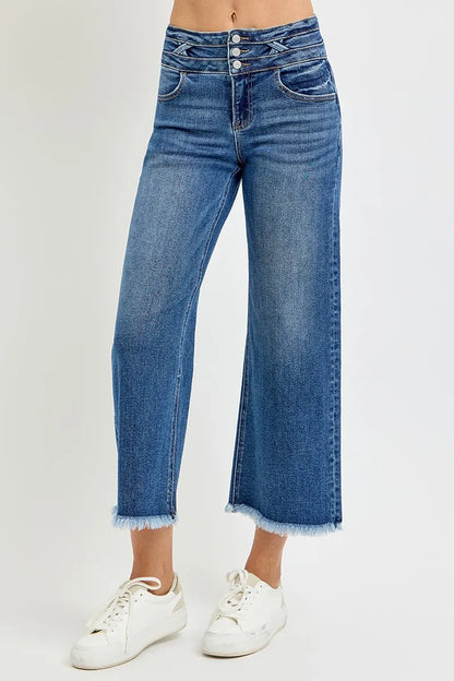RISEN High Rise Crop Wide Leg Jeans – model front view with right leg pose showing raw hem