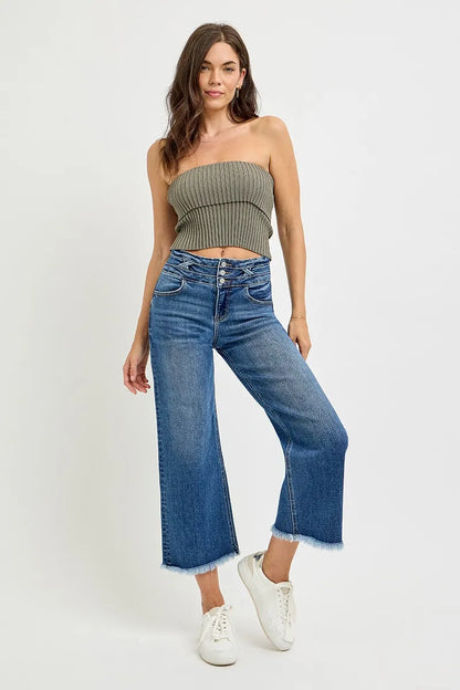 RISEN High Rise Crop Wide Leg Jeans with Wide Band Detail on model – front view, styled with casual top