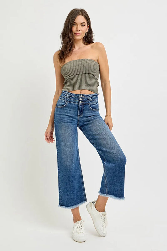 RISEN High Rise Crop Wide Leg Jeans with Wide Band Detail on model – front view, styled with casual top