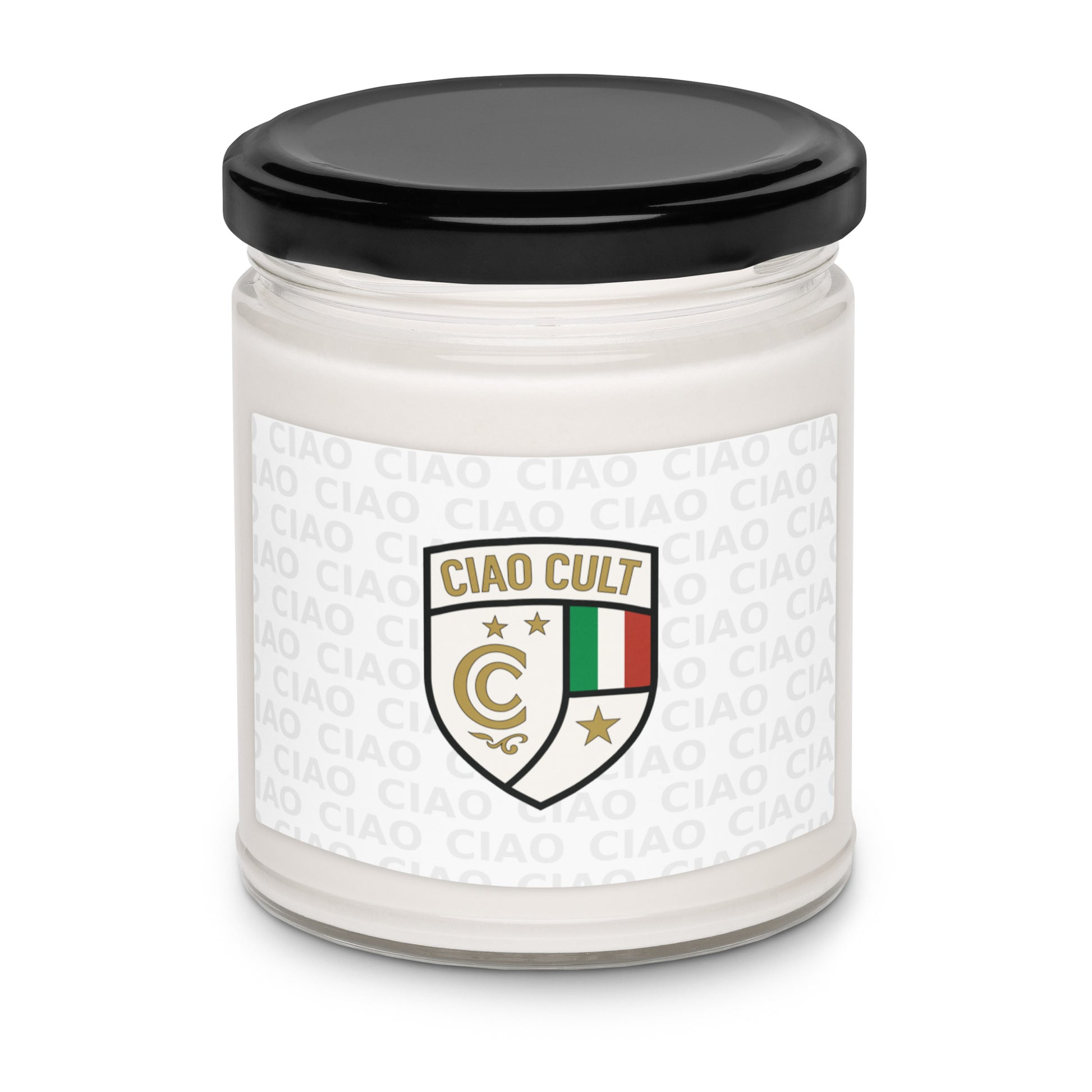White soy wax candle in clear glass jar with black lid and Ciao Cult crest logo label with Italian flag colors. - Ciao Cult - Apple Harvest