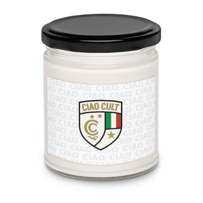 White soy wax candle in clear glass jar with black lid and Ciao Cult crest logo label with Italian flag colors. - Ciao Cult - Apple Harvest