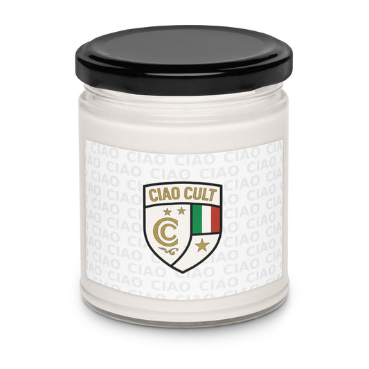 White soy wax candle in clear glass jar with black lid and Ciao Cult crest logo label with Italian flag colors. - Ciao Cult - Apple Harvest