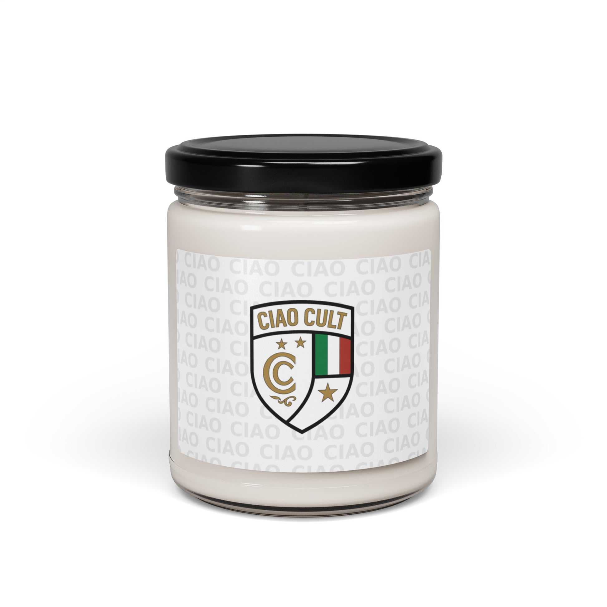 White soy wax candle in clear glass jar with black lid and Ciao Cult crest logo label. - Ciao Cult - Apple Harvest