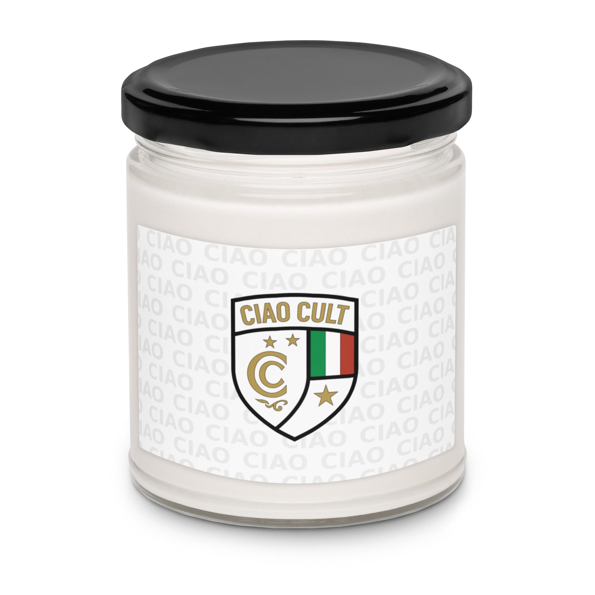 White scented soy candle in clear glass jar with black lid and Ciao Cult crest label. - Ciao Cult - Apple Harvest