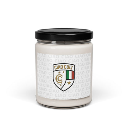 White soy wax candle in clear glass jar with black lid and Ciao Cult crest label. - Ciao Cult - Apple Harvest