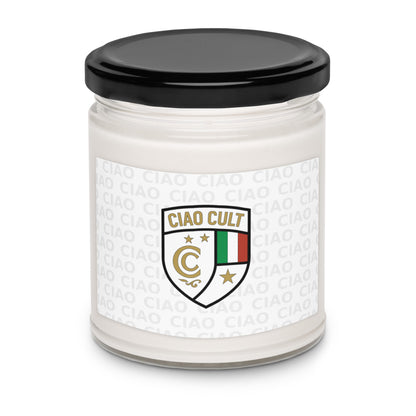 White soy wax candle in clear glass jar with black lid and Ciao Cult crest label featuring Italian flag colors. - Ciao Cult - Apple Harvest