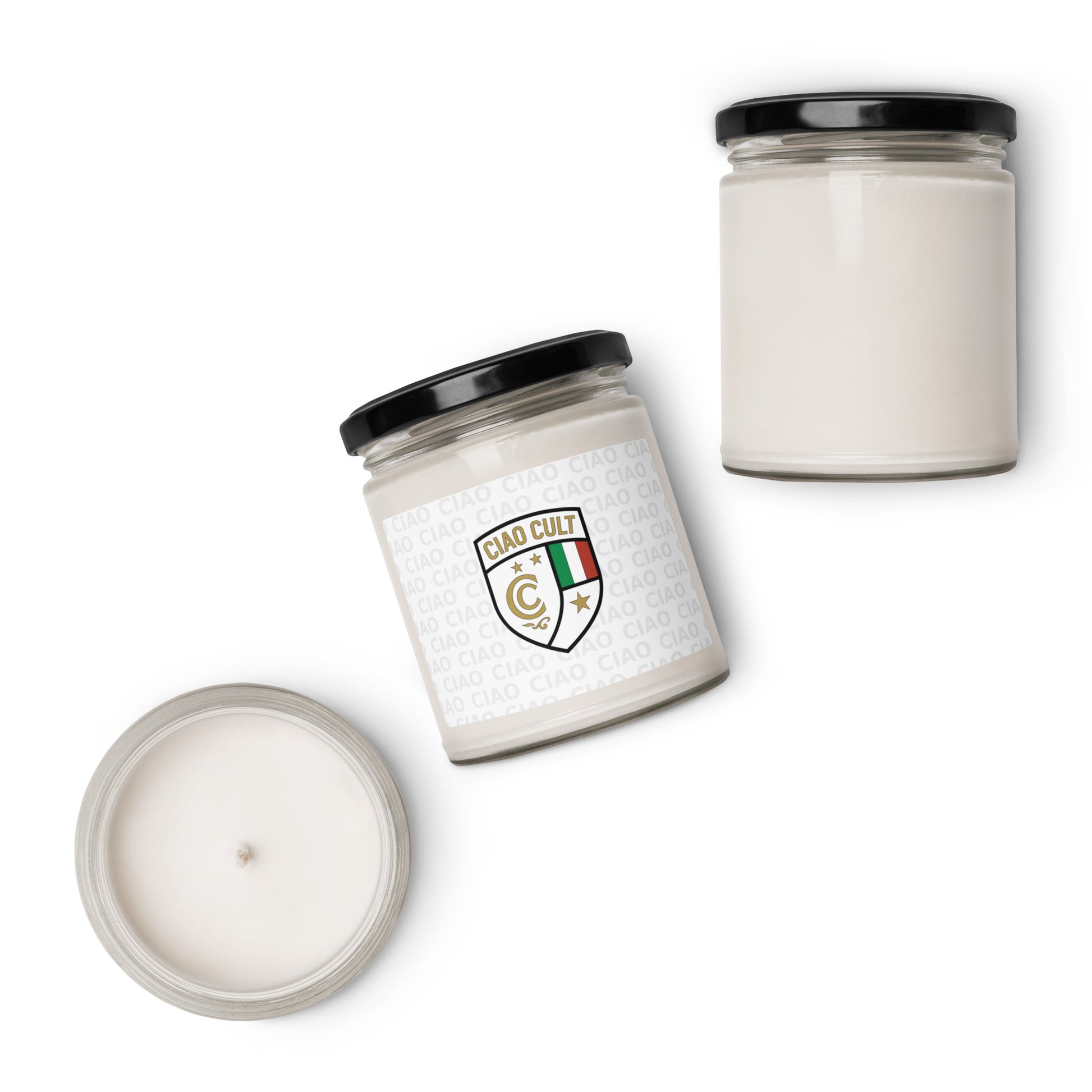 Set of three white scented soy wax candles in clear glass jars with black lids, featuring a stylish crest label. - Ciao Cult - Apple Harvest