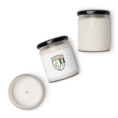 Set of three white scented soy wax candles in clear glass jars with black lids, featuring a stylish crest label. - Ciao Cult - Apple Harvest