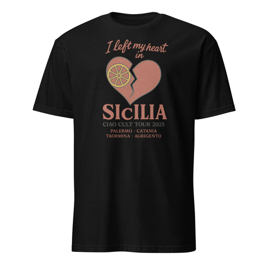 Black unisex tee with "I left my heart in Sicilia" text and broken heart graphic with orange slice. - Ciao Cult - Black / S